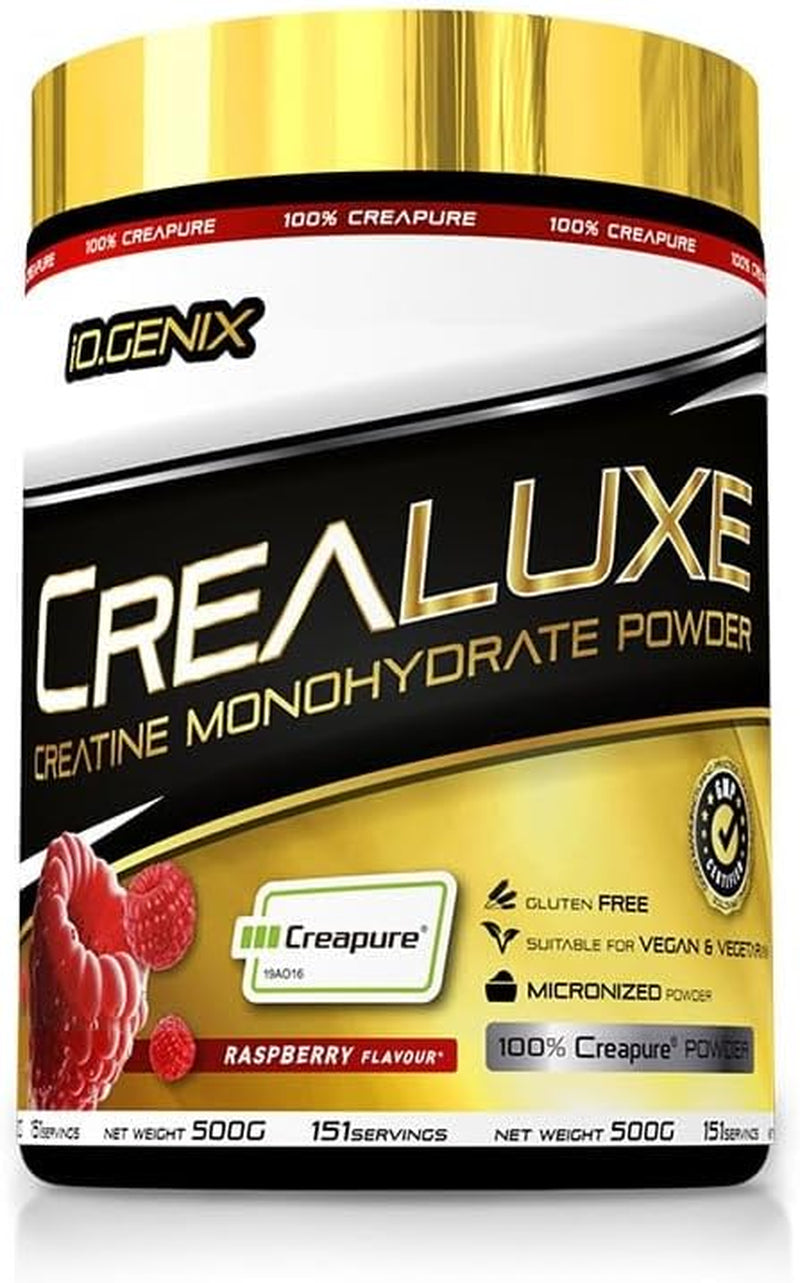 Io.Genix - Crealuxe | Creatina | Creapure | 500G | Polvo Micronizado | Gluten Free | Apta Para Veganos Y Vegetarianos (500 G, Frambuesa)