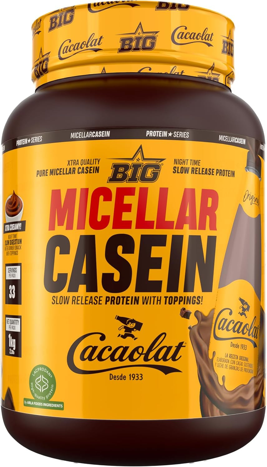 BIG - Caseina Micelar - Caseina Proteina De Liberación Sostenida Para Recuperación Y Masa Muscular - Baja En Grasas Y Carbohidratos Con Textura Cremosa (Sin Toppings, Cacaolat)