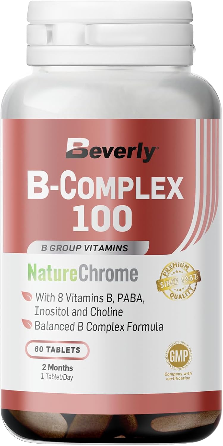 Beverly B-Complex 100 - Potente Complejo Vitamínico Del Grupo B - 100 Mg Por Cada Vitamina - 60 Tabletas - 60 Servicios - Apoyo Al Sistema Nervioso Y Cognitivo