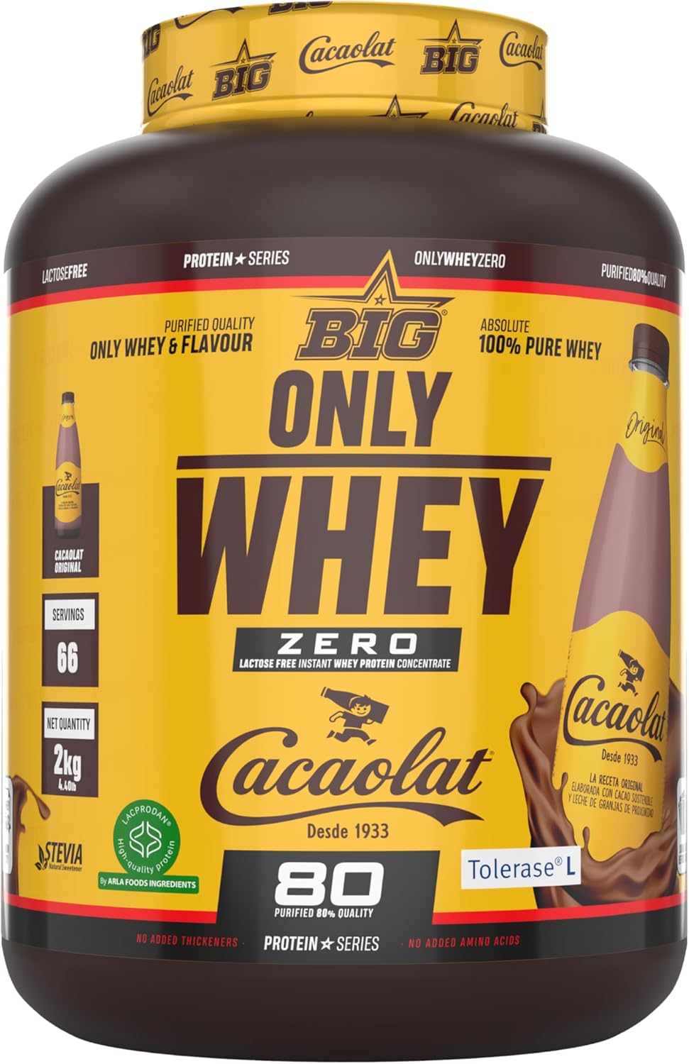 BIG - Proteinas Whey - Proteina En Polvo Para Desarrollo De Masa Muscular Y Recuperación - Materia Prima Premium - Whey Protein Sin Lactosa, Sin Azúcar, Sin Grumos (2Kg, Cacaolat)