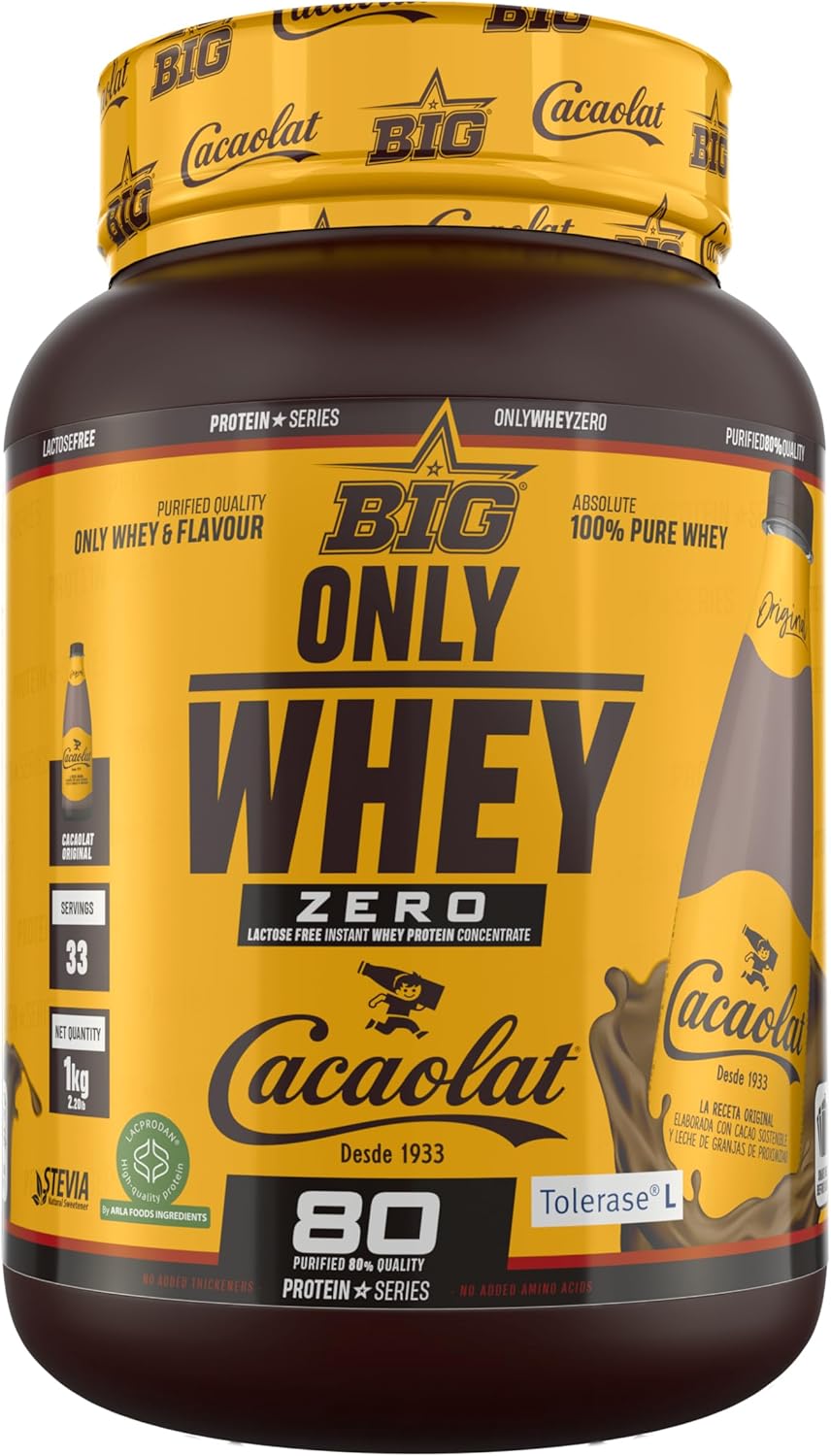 BIG - Proteinas Whey - Proteina En Polvo Para Desarrollo De Masa Muscular Y Recuperación - Materia Prima Premium - Whey Protein Sin Lactosa, Sin Azúcar, Sin Grumos (1Kg, Cacaolat)