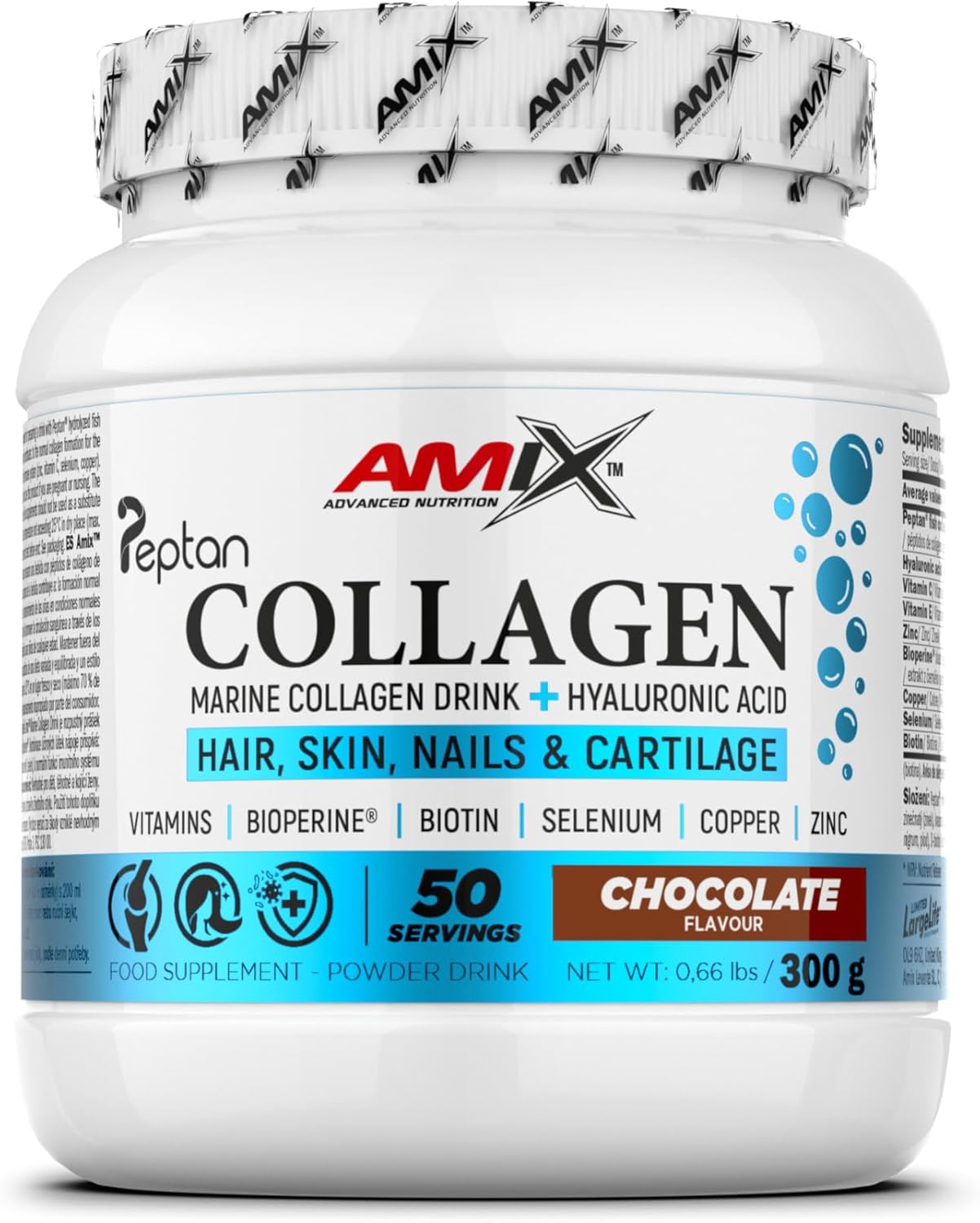 Amix™ Marine Peptan®Collagen Drink - Colágeno Marino Peptan® Con Ácido Hialurónico, Vitaminas C Y E, Zinc, Selenio Y Biotin - Complemento Alimenticio - Polvo - 300 G - Sabor: Chocolate