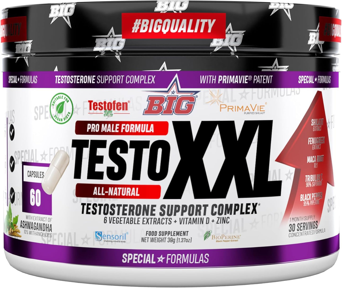 BIG - Testosterona Hombre - 60 Cápsulas - Precursor De Testosterona Natural Para Aumento De Masa Muscular, Energía Y Rendimiento Físico - Extractos Naturales, Maca, Tribulus Terrestris, Shilajit