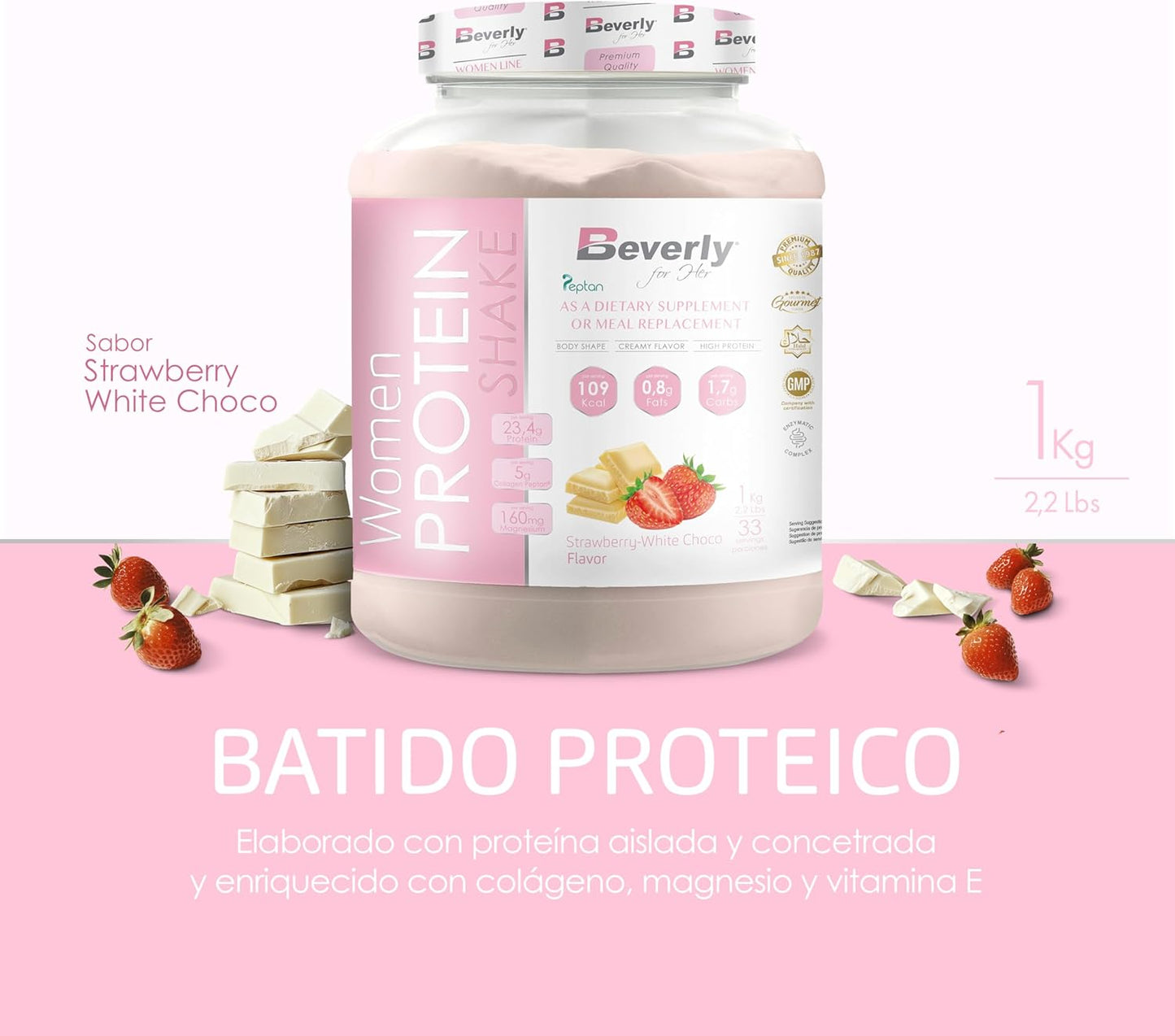 Beverly Women Protein - Proteína De Suero Especial Mujer Con Colágneno Marino, Magnesio Y Vitamina E - 1 Kg - 24 G De Proteína Por Ración - 33 Servicios - Sabor (1 KG, CHOCO BLANCO FRESA)