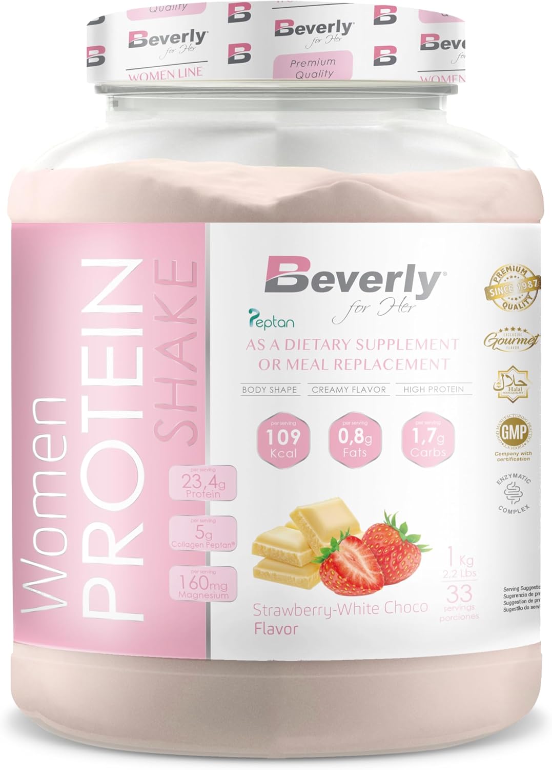 Beverly Women Protein - Proteína De Suero Especial Mujer Con Colágneno Marino, Magnesio Y Vitamina E - 1 Kg - 24 G De Proteína Por Ración - 33 Servicios - Sabor (1 KG, CHOCO BLANCO FRESA)