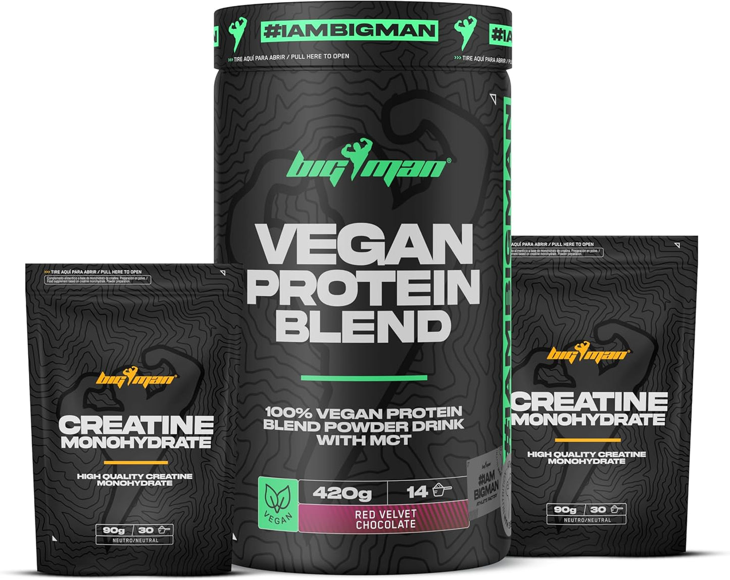 Pack Bigman Vegan Protein Blend 420 Gr + Creatina 180 Gr | Aislado De Proteína Vegana | Gran Ganancia Muscular | Recuperación Deportiva | Tonificación Muscular (420 Gr, Fresa Plátano)