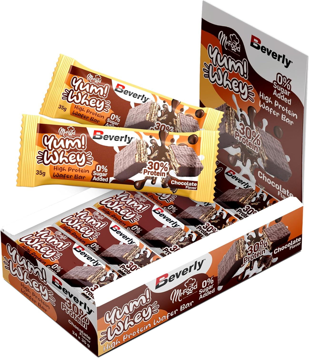 Beverly Yum Whey Bar - Deliciosa Barrita Protéica De Barquillo De Chocolate Con Un 30% De Proteína - Estuche De 24 Barritas De 35 Gr - Sin Azúcares Añadidos Y Muy Altas En Proteína
