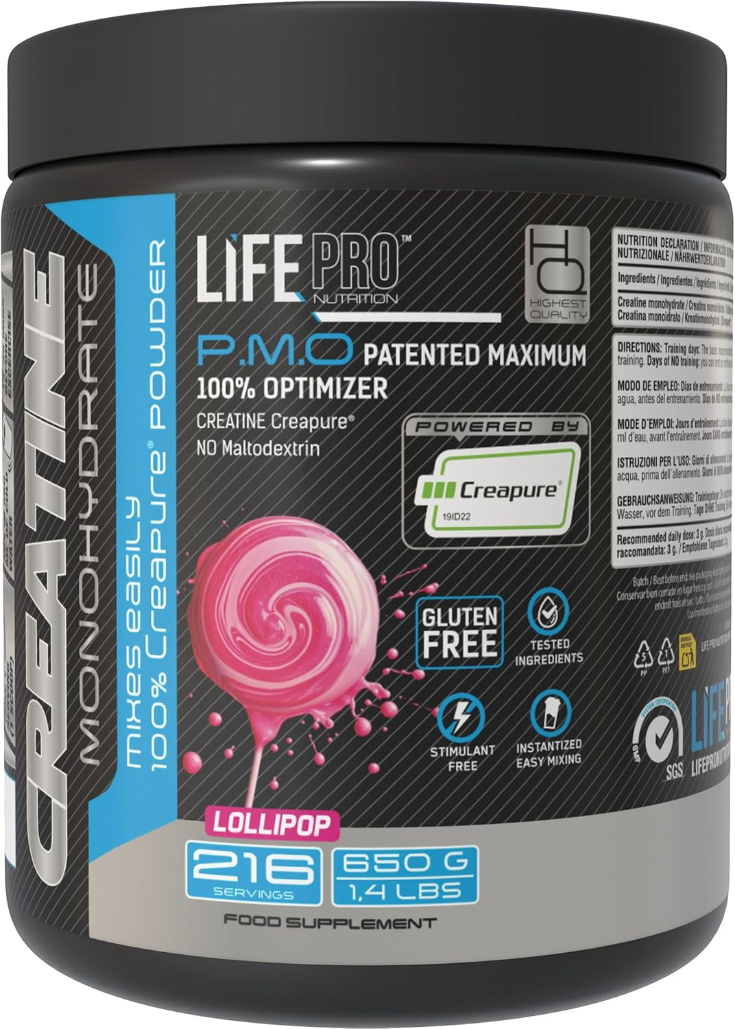Creatina Monohidratada Creapure Life Pro 650G – Sabor Lollipop – Creatina Micronizada Pura, Hasta 216 Tomas – Sin Gluten, Para Fuerza, Energía Y Recuperación Muscular – Calidad Alemana Garantizada