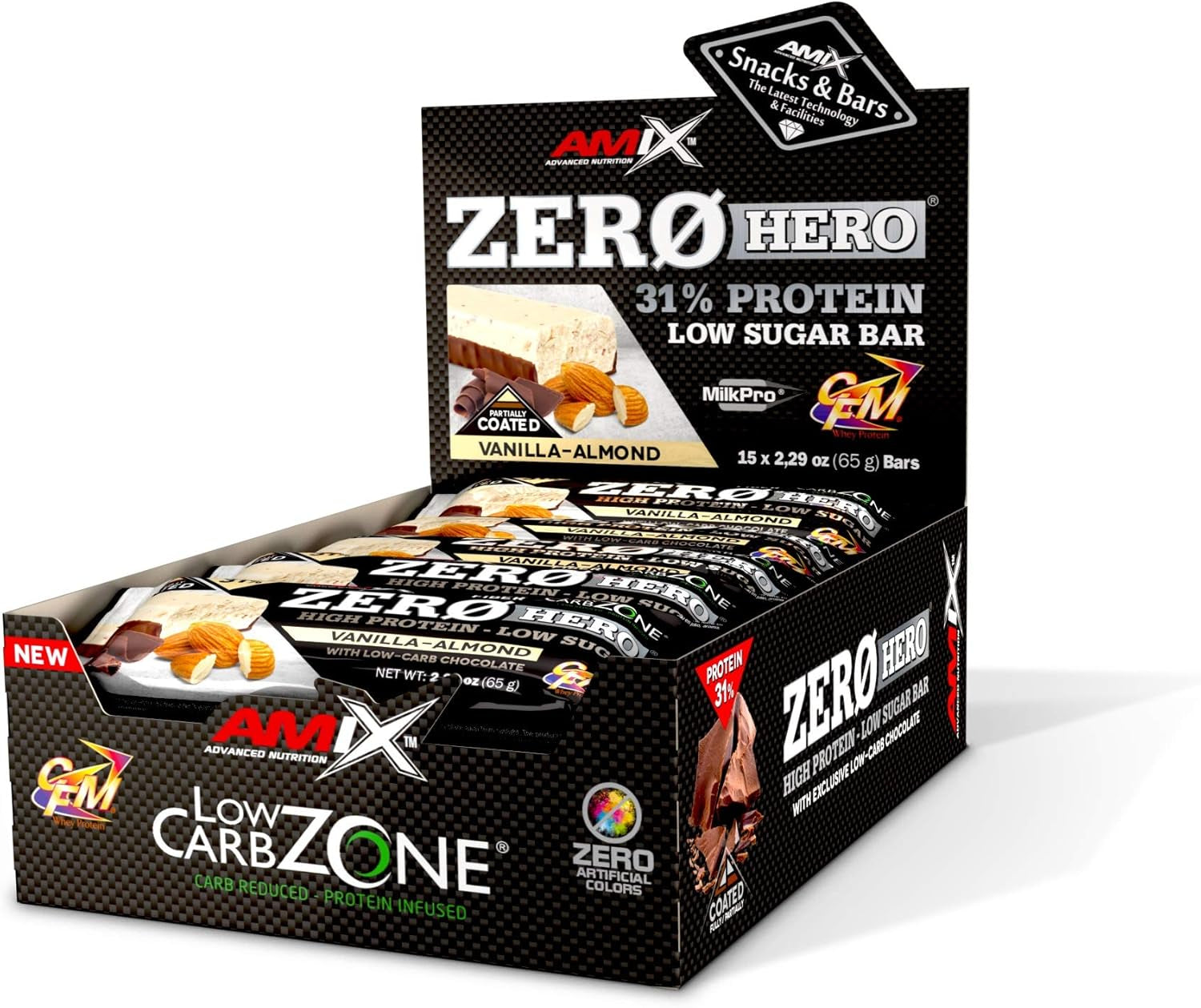 AMIX - Barritas De Proteínas Zero Hero - 12 Barritas - Favorece La Recuperación Muscular - Snack Deportivo Con Alto Contenido En Proteínas - Sabor Vainilla Y Almendra