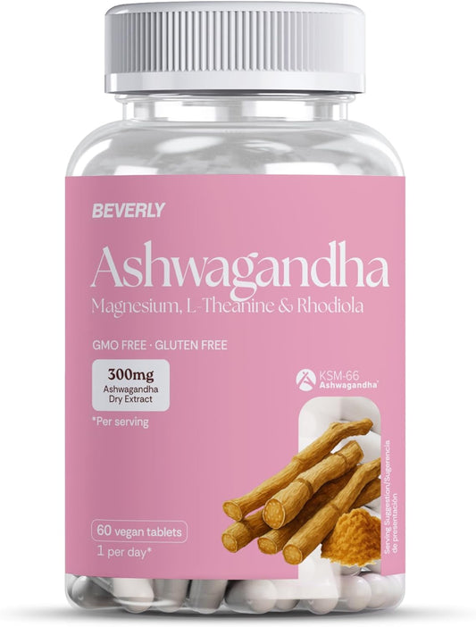 Beverly Ashwagandha KSM-66 - Especial Mujer - 300 Mg De Extracto De Ashwagandha Orgánica - 60 Servicios - Reduce El Estrés Y La Ansiedad - 60 Cápsulas Veganas - Probada En Laboratorio, Sin Aditivos