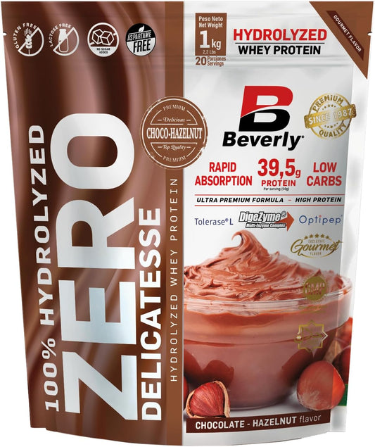 Beverly Zero Delicatesse - Proteína Hidrolizada De Suero Con Digezyme Y Tolerase - 1 Kg - 29 G De Proteína Por Ración - 28 Servicios - Excelente Digestibilidad - Sabor (CHOCOLATE AVELLANA)