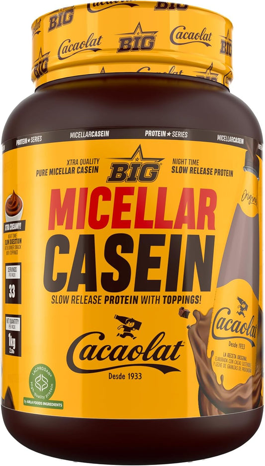 BIG - Caseina Micelar - Caseina Proteina De Liberación Sostenida Para Recuperación Y Masa Muscular - Baja En Grasas Y Carbohidratos Con Textura Cremosa (Sin Toppings, Cacaolat)