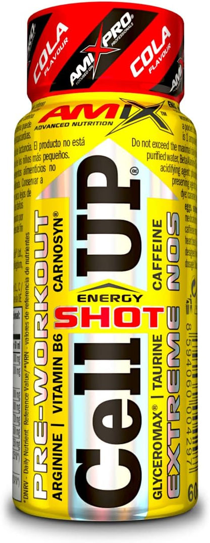 Amix - Cellup Shot - Suplemento Alimenticio - Contiene Cafeína - Aumenta La Fuerza Y Congestión Muscular - Fórmula Pre-Entrenamiento - Nutrición Deportiva - Sabor a Cola - 20 Viales De 60 Ml