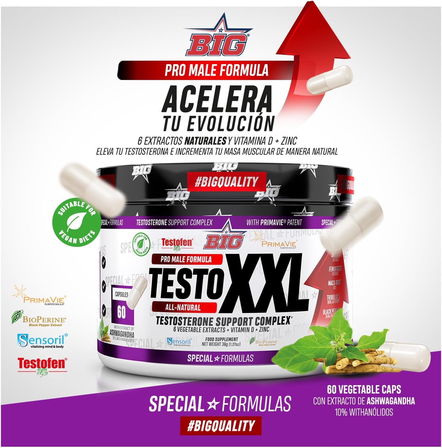 BIG - Testosterona Hombre - 60 Cápsulas - Precursor De Testosterona Natural Para Aumento De Masa Muscular, Energía Y Rendimiento Físico - Extractos Naturales, Maca, Tribulus Terrestris, Shilajit