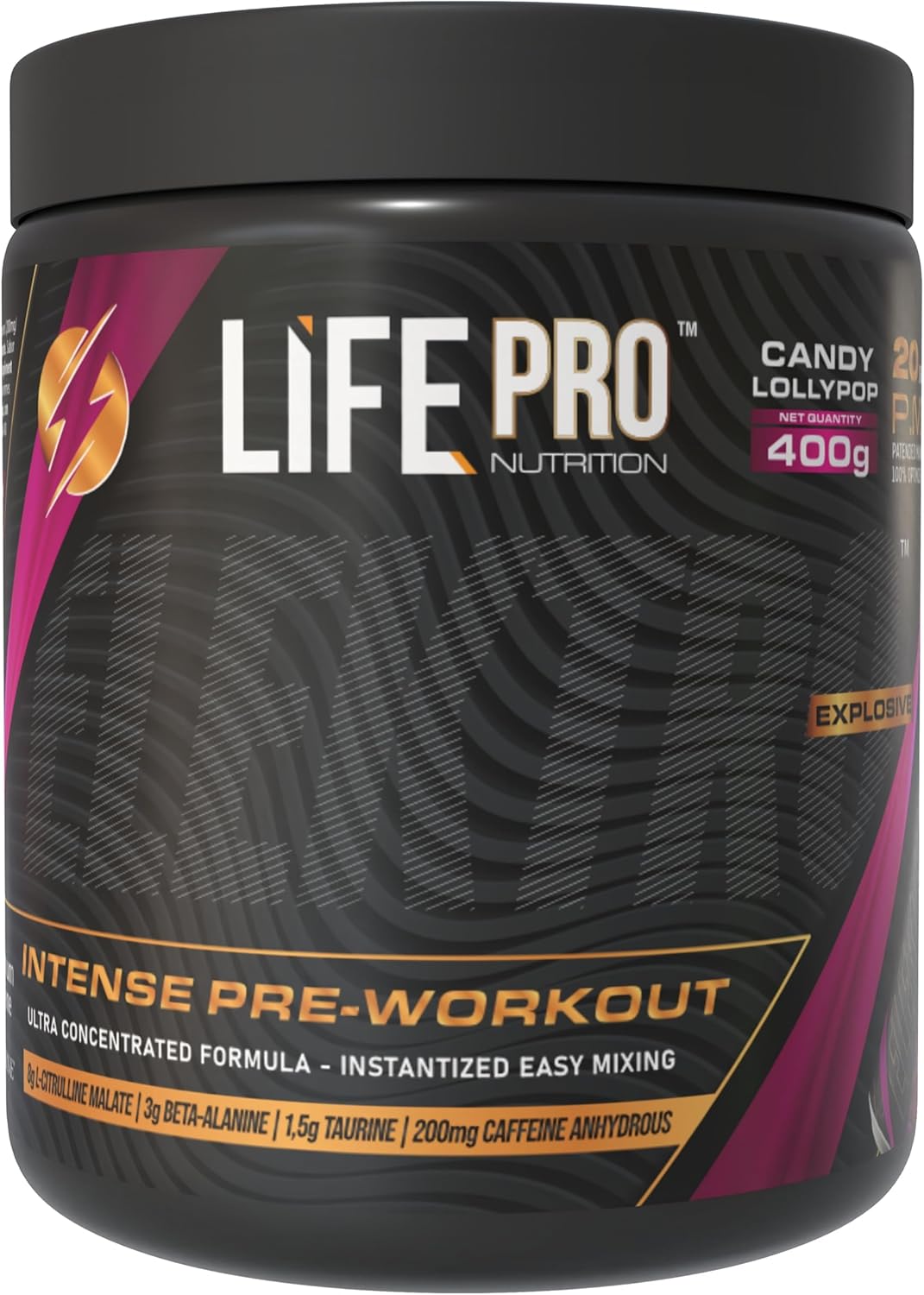 Pre Entreno Life Pro Elektro 400G - Pre Workout Con Citrulina Malato 8000Mg, Beta Alanina 3000Mg, Taurina 1500Mg Y Cafeína 200Mg - Preentreno Gimnasio Fuerte - Energía Y Rendimiento - Lollipop