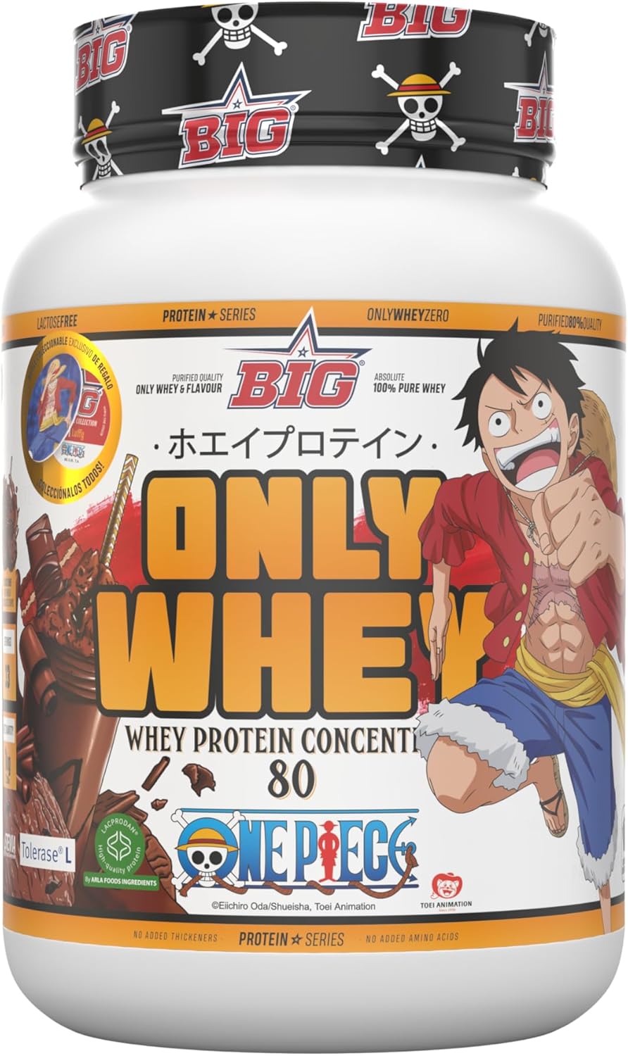 BIG - Proteinas Whey ONE PIECE - Edición Exclusiva Con 12 Tazos Coleccionables. Materia Prima Premium. Whey Protein Para Masa Muscular. Sin Lactosa (1Kg, Choco One & Milk Chocolate Chips)