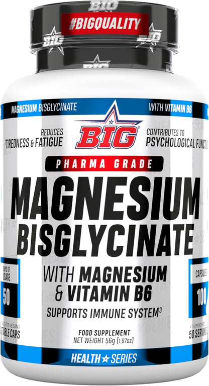 BIG - Magnesio Bisglicinato 100% Quelado - 100 Cápsulas - Bisglicinato De Magnesio Con Vitamina B6 Para Relajación Muscular, Mejora Del Sueño, Cansancio Y Calambres - Sin Efectos Laxantes -Vegano