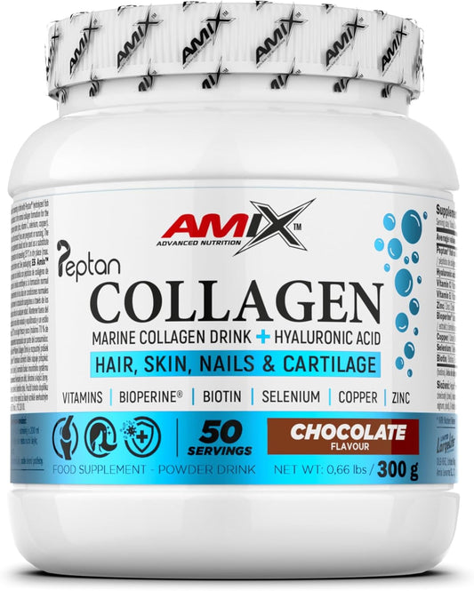 Amix™ Marine Peptan®Collagen Drink - Colágeno Marino Peptan® Con Ácido Hialurónico, Vitaminas C Y E, Zinc, Selenio Y Biotin - Complemento Alimenticio - Polvo - 300 G - Sabor: Chocolate
