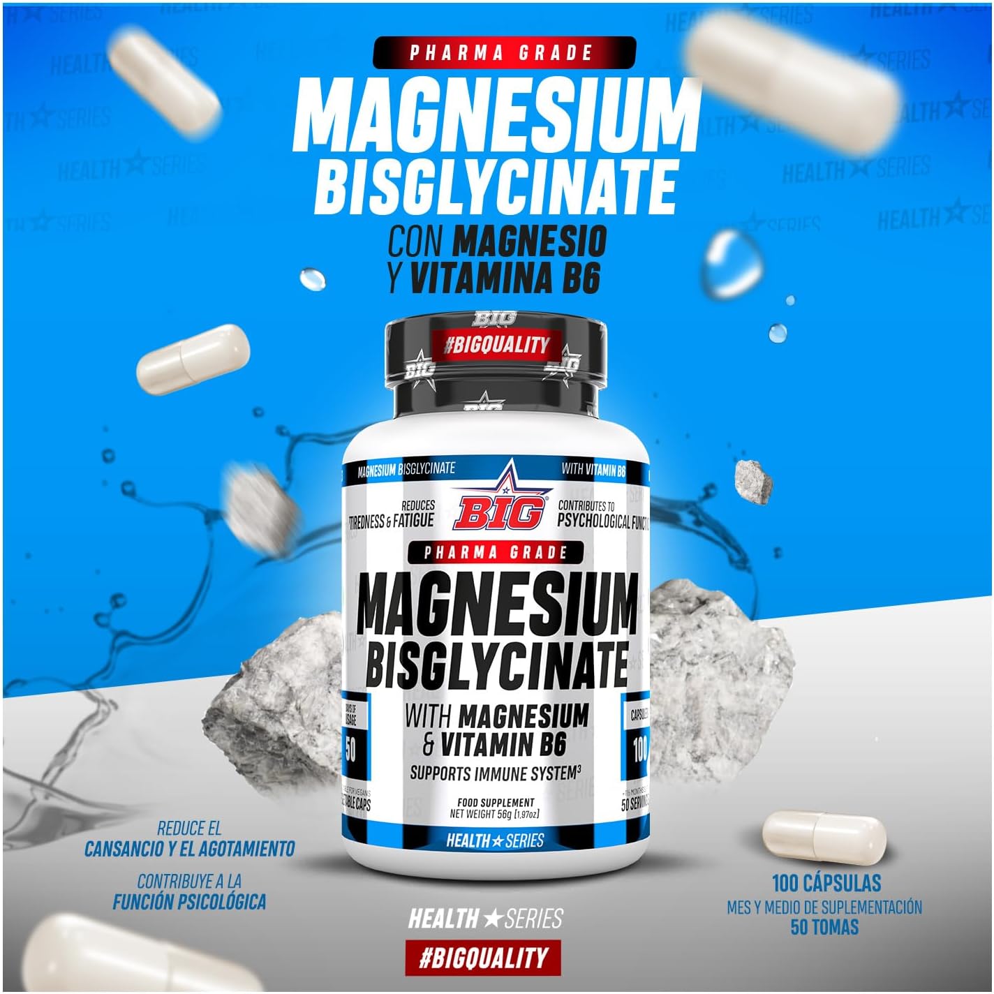 BIG - Magnesio Bisglicinato 100% Quelado - 100 Cápsulas - Bisglicinato De Magnesio Con Vitamina B6 Para Relajación Muscular, Mejora Del Sueño, Cansancio Y Calambres - Sin Efectos Laxantes -Vegano