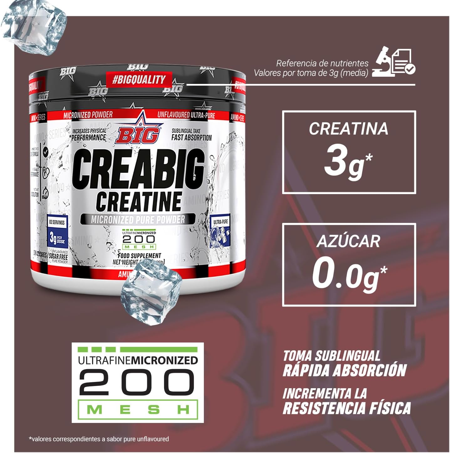 BIG - Creatina Monohidratada En Polvo - Mejora Rendimiento Físico Y Recuperación - Creatina Monohidrato - Ultrafine 200Mesh - Sabores Deliciosos, Rápida Absorción, Vegana,(Fresh Dark Blood Cola, 250G)