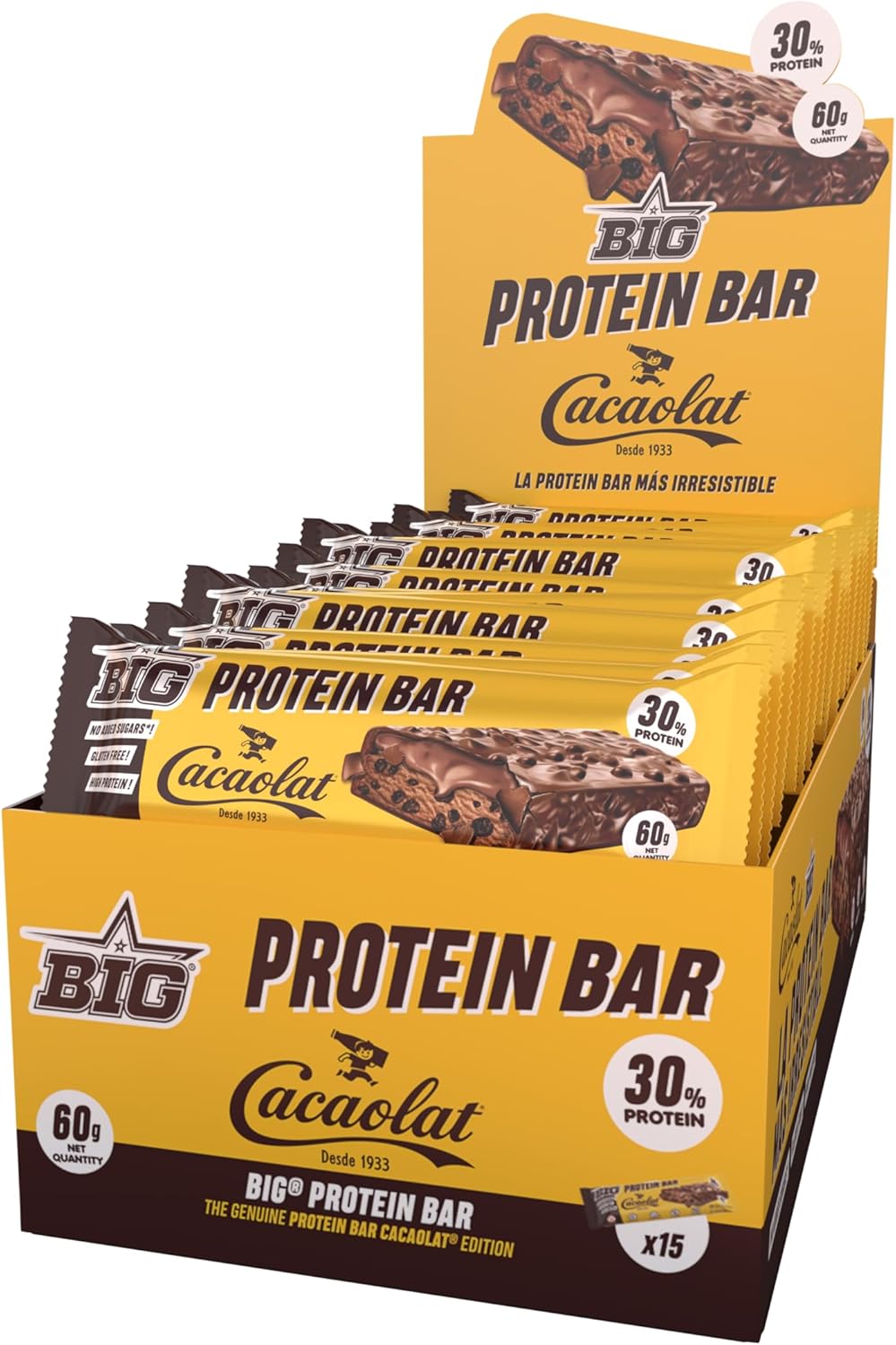 BIG - Barritas Proteina - Barritas Proteinas Sin Azucar - Snack Saludable Alto En Proteínas - + 24 Gr Por Barrita - Protein Bar Con Sabores Exclusivos - Sin Gluten - (Caja (15 Uds), Cacaolat)