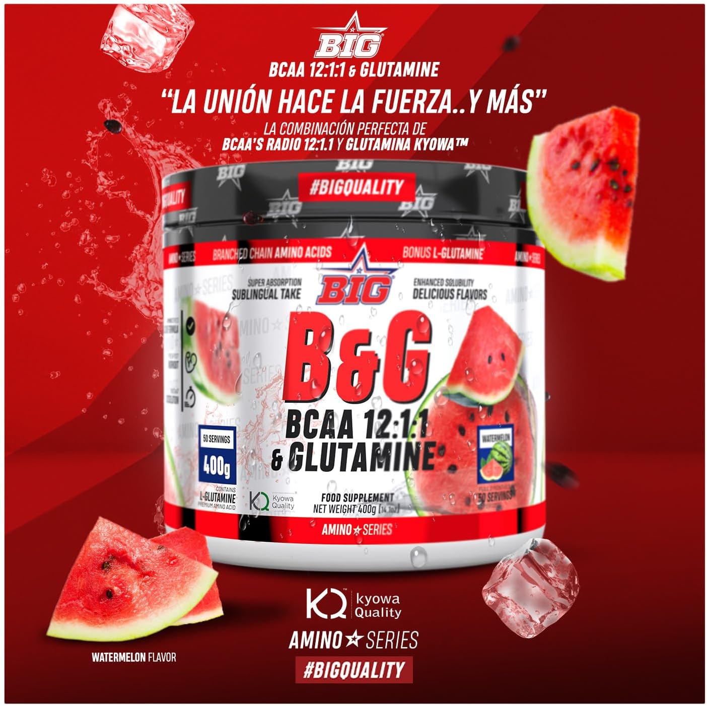 BIG - BCAA Glutamina Micronizada Kyowa - BCAA & Glutamina Materia Prima Premium - Rendimiento Físico Y Recuperación - Bccas Con L-Glutamina - Bccas Aminoacidos - Sabores Exclusivos (400G, Sandía)