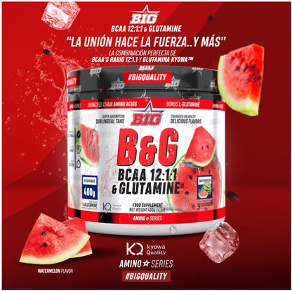 BIG - BCAA Glutamina Micronizada Kyowa - BCAA & Glutamina Materia Prima Premium - Rendimiento Físico Y Recuperación - Bccas Con L-Glutamina - Bccas Aminoacidos - Sabores Exclusivos (400G, Sandía)
