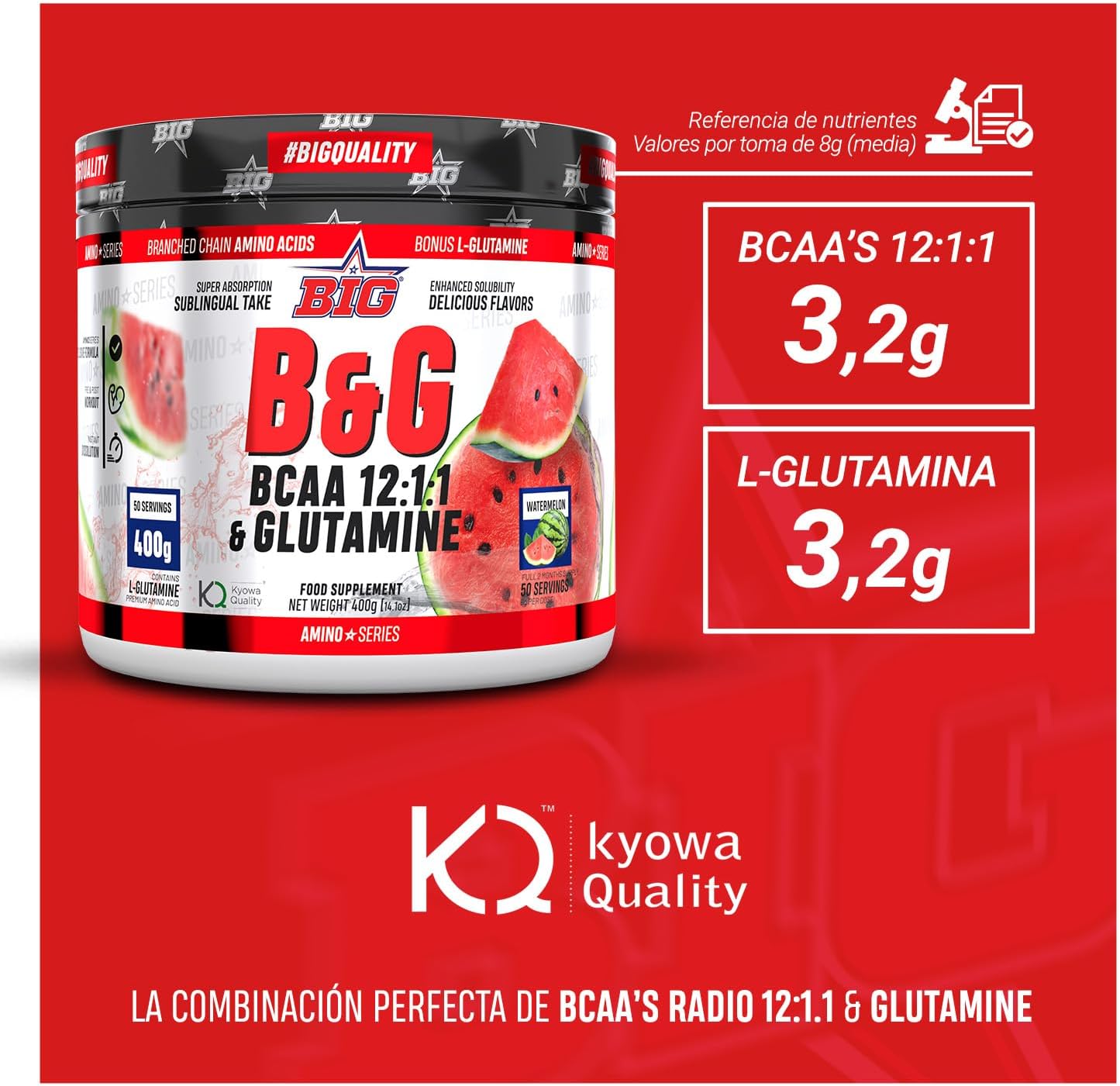 BIG - BCAA Glutamina Micronizada Kyowa - BCAA & Glutamina Materia Prima Premium - Rendimiento Físico Y Recuperación - Bccas Con L-Glutamina - Bccas Aminoacidos - Sabores Exclusivos (400G, Sandía)