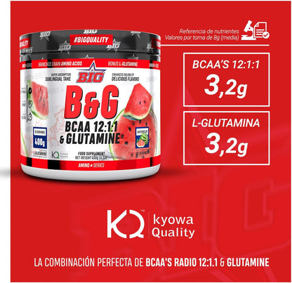 BIG - BCAA Glutamina Micronizada Kyowa - BCAA & Glutamina Materia Prima Premium - Rendimiento Físico Y Recuperación - Bccas Con L-Glutamina - Bccas Aminoacidos - Sabores Exclusivos (400G, Sandía)