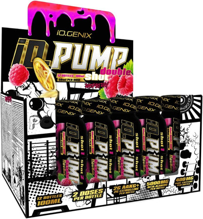 Io.Genix - Io.Pump | Pre Entrenamiento | 12 Viales De 100Ml | 2 Tomas Por Vial | Cafeína, Beta-Alanina, Citrulina Malato, Arginina, Taurina, Inosina (Raspberry)