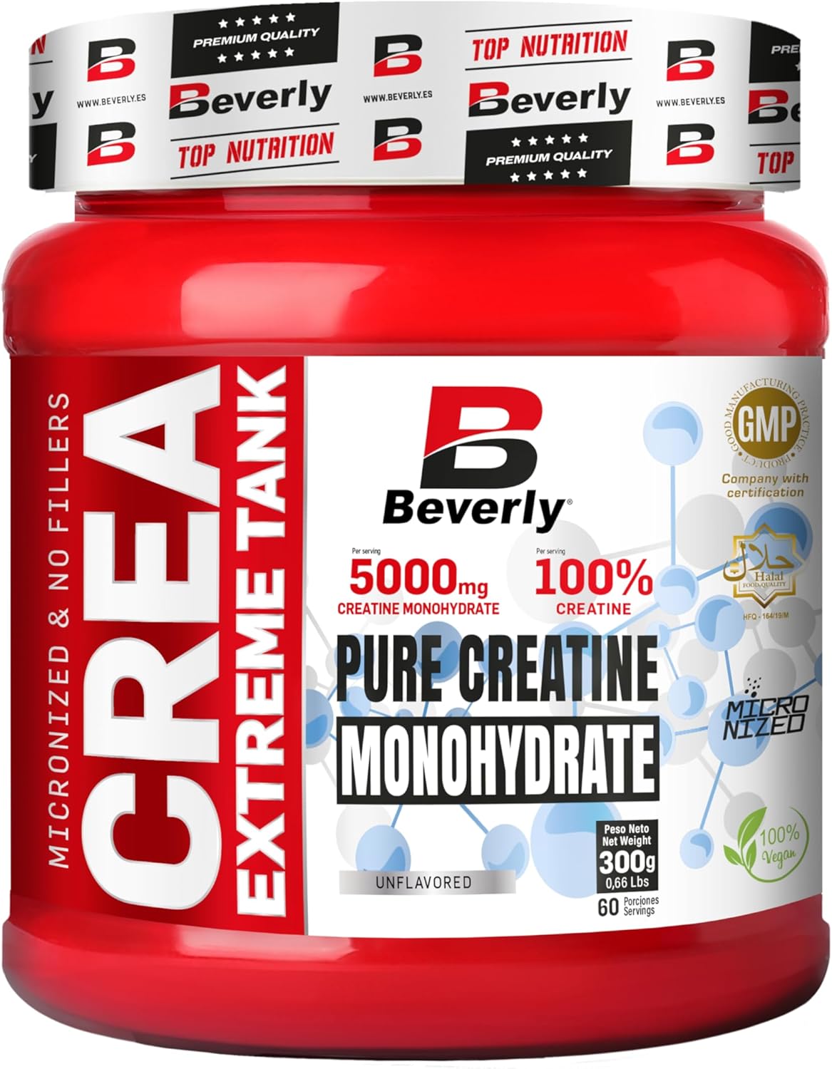Beverly Crea Extreme - 100% Monohidrato De Creatina Micronizada - 300 G - 100 Servicios - Sin Añadidos, Libre De Contaminantes, Sin Sabor, No-Gmo, Vegano, Sin Gluten