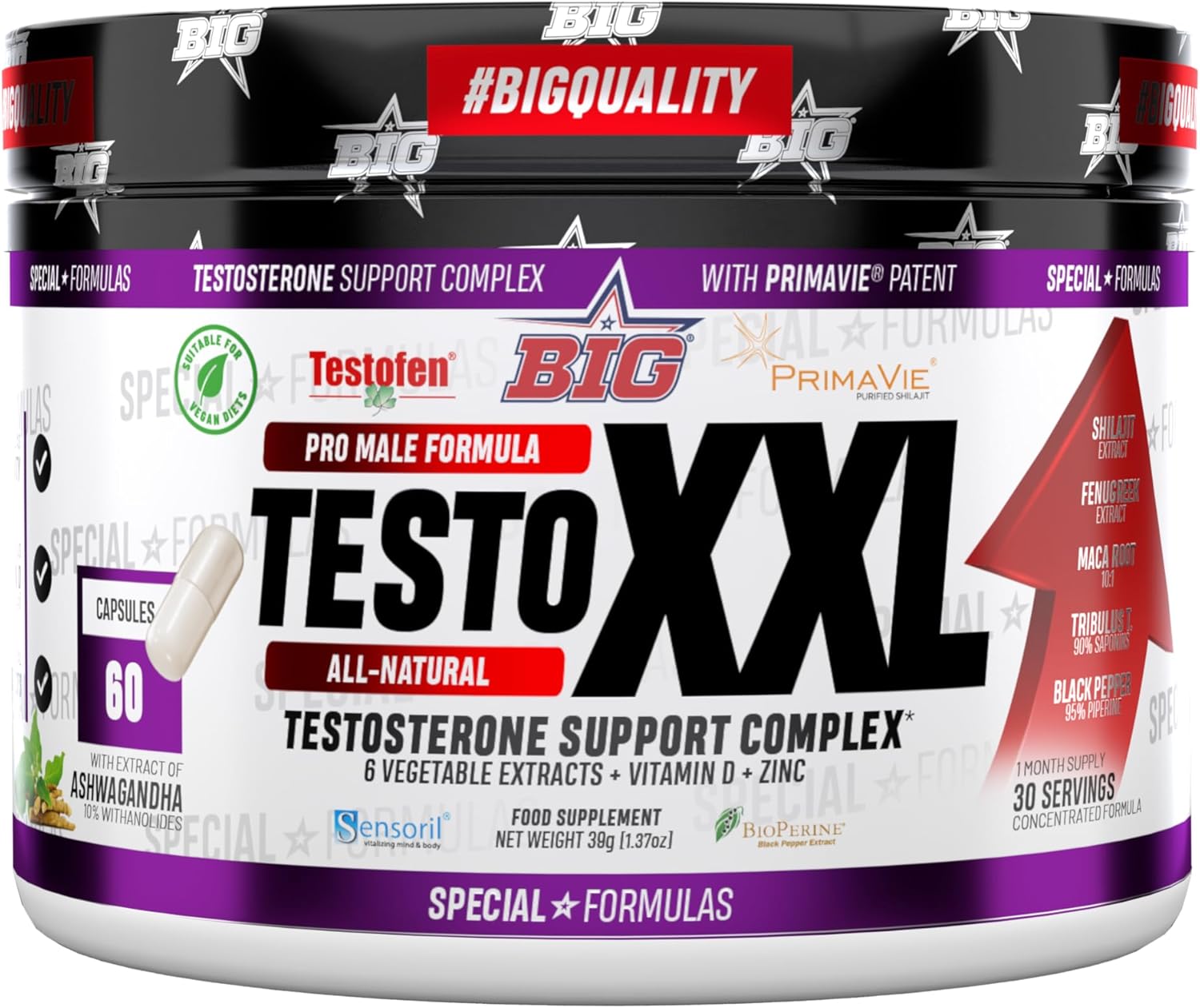 BIG - Testosterona Hombre - 60 Cápsulas - Precursor De Testosterona Natural Para Aumento De Masa Muscular, Energía Y Rendimiento Físico - Extractos Naturales, Maca, Tribulus Terrestris, Shilajit