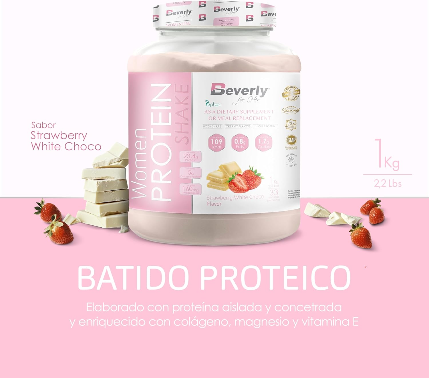 Beverly Women Protein - Proteína De Suero Especial Mujer Con Colágneno Marino, Magnesio Y Vitamina E - 1 Kg - 24 G De Proteína Por Ración - 33 Servicios - Sabor (1 KG, CHOCO BLANCO FRESA)