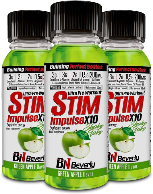 Beverly STIM IMPULSE X10 | Pre Entreno 20 Viales X 60 Ml | Sabor Manzana | Beta Alanina, Citrulina, Glicerol, Arginina Y Cafeína | Potencia Los Entrenamientos