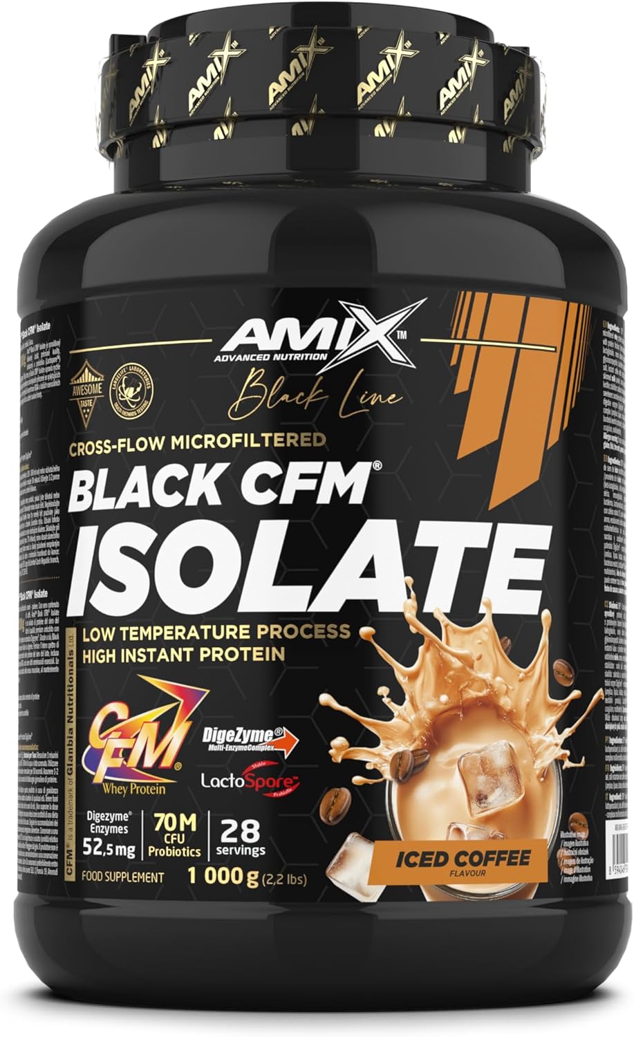 Amix | Proteína BLACK CFM ISOLATE - Ayuda a Mantener La Masa Muscular - Con Enzimas Digestivas - Fácil Digestión - Rápida Absorción - Proteína En Polvo - 1 Kg - Café Helado