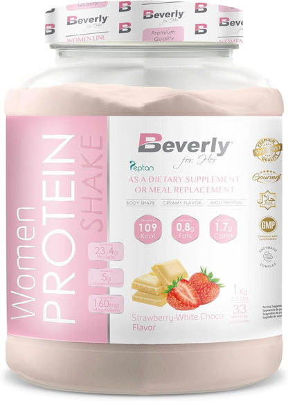Beverly Women Protein - Proteína De Suero Especial Mujer Con Colágneno Marino, Magnesio Y Vitamina E - 1 Kg - 24 G De Proteína Por Ración - 33 Servicios - Sabor (1 KG, CHOCO BLANCO FRESA)