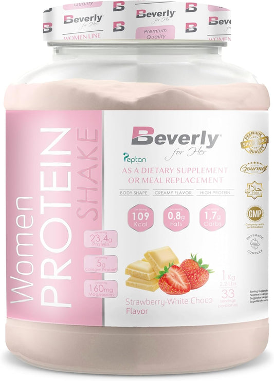 Beverly Women Protein - Proteína De Suero Especial Mujer Con Colágneno Marino, Magnesio Y Vitamina E - 1 Kg - 24 G De Proteína Por Ración - 33 Servicios - Sabor (1 KG, CHOCO BLANCO FRESA)