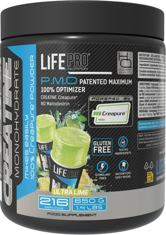 Creatina Monohidratada Creapure Life Pro 650G – Sabor Ultra Lime – Creatina Micronizada Pura, Hasta 216 Tomas – Sin Gluten, Para Fuerza, Energía Y Recuperación Muscular – Calidad Alemana Garantizada