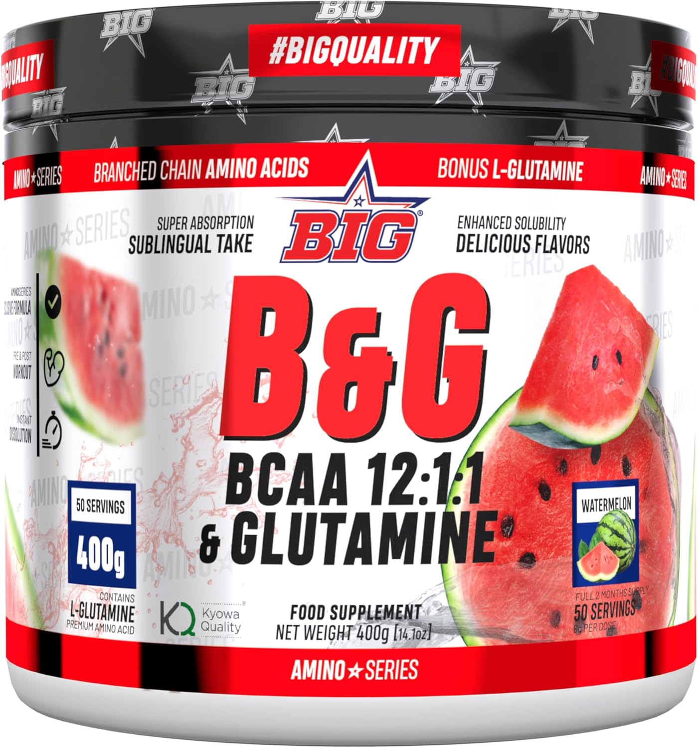 BIG - BCAA Glutamina Micronizada Kyowa - BCAA & Glutamina Materia Prima Premium - Rendimiento Físico Y Recuperación - Bccas Con L-Glutamina - Bccas Aminoacidos - Sabores Exclusivos (400G, Sandía)