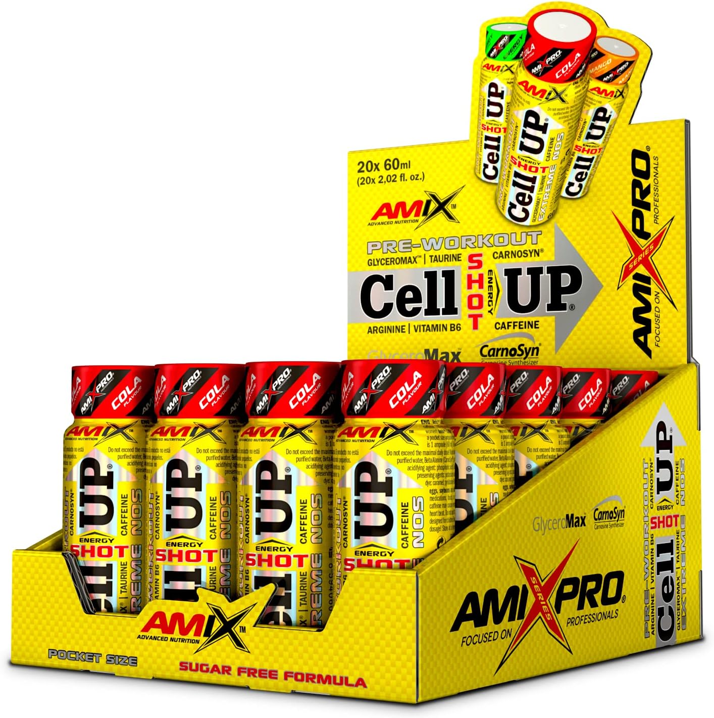 Amix - Cellup Shot - Suplemento Alimenticio - Contiene Cafeína - Aumenta La Fuerza Y Congestión Muscular - Fórmula Pre-Entrenamiento - Nutrición Deportiva - Sabor a Cola - 20 Viales De 60 Ml