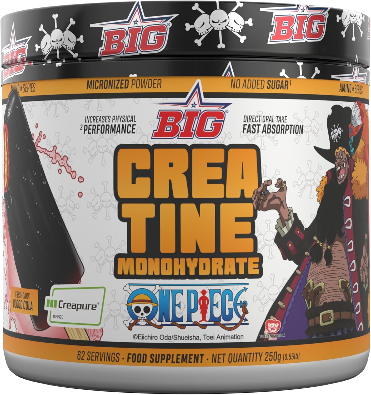 BIG - Creatina ONE PIECE - Creatina Monohidratada Creapure - Edición Exclusiva Con 12 Tazos Coleccionables - Rendimiento Físico, Recuperación - Materia Prima Premium - Fresh Dark Blood Cola (250 G)