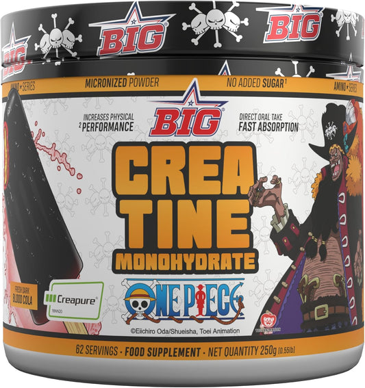 BIG - Creatina ONE PIECE - Creatina Monohidratada Creapure - Edición Exclusiva Con 12 Tazos Coleccionables - Rendimiento Físico, Recuperación - Materia Prima Premium - Fresh Dark Blood Cola (250 G)