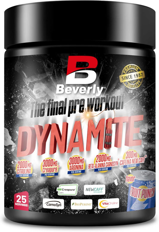 Beverly Dynamite - Potente Pre Entreno, Pre Workout Con Beta Alanina, Creatina Y Arginina Entre Otros - 375 Gr - 25 Servicios - Máxima Congestión Muscular - Sabor Fruit Punch