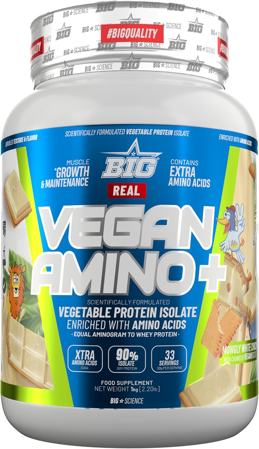 BIG - Proteina Vegana - Proteina Vegetal 100%, Masa Muscular Y Recuperación - Vegan Protein Con Aminoácidos - Proteína En Polvo, Deliciosos Sabores, Sin Lactosa (1Kg, Mowgly White Choco & Biscuits)