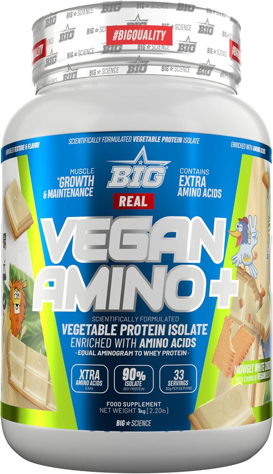 BIG - Proteina Vegana - Proteina Vegetal 100%, Masa Muscular Y Recuperación - Vegan Protein Con Aminoácidos - Proteína En Polvo, Deliciosos Sabores, Sin Lactosa (1Kg, Mowgly White Choco & Biscuits)