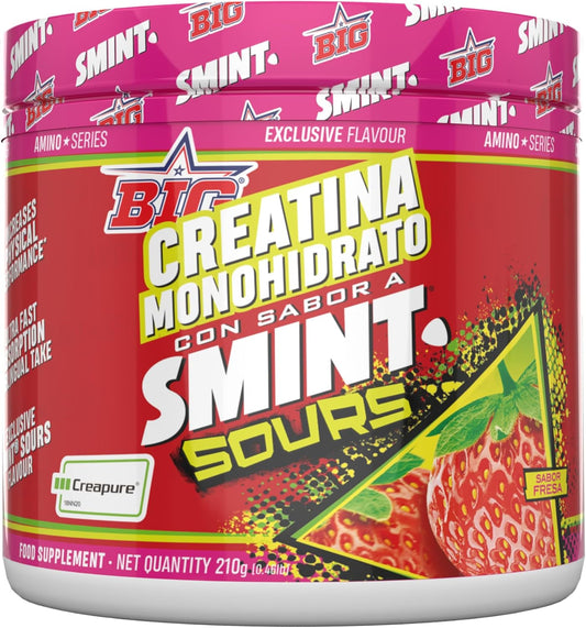 BIG - Creatina Creapure ® - Creatina Monohidratada Creapure, Rendimiento Físico Y Recuperación - Materia Prima Premium - Monohidrato De Creatina Rápida Absorción, Vegana(210G, Smint Sours Strawberry)