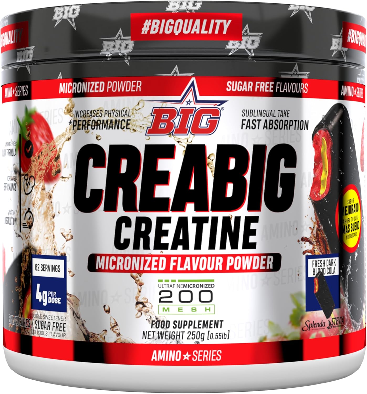 BIG - Creatina Monohidratada En Polvo - Mejora Rendimiento Físico Y Recuperación - Creatina Monohidrato - Ultrafine 200Mesh - Sabores Deliciosos, Rápida Absorción, Vegana,(Fresh Dark Blood Cola, 250G)