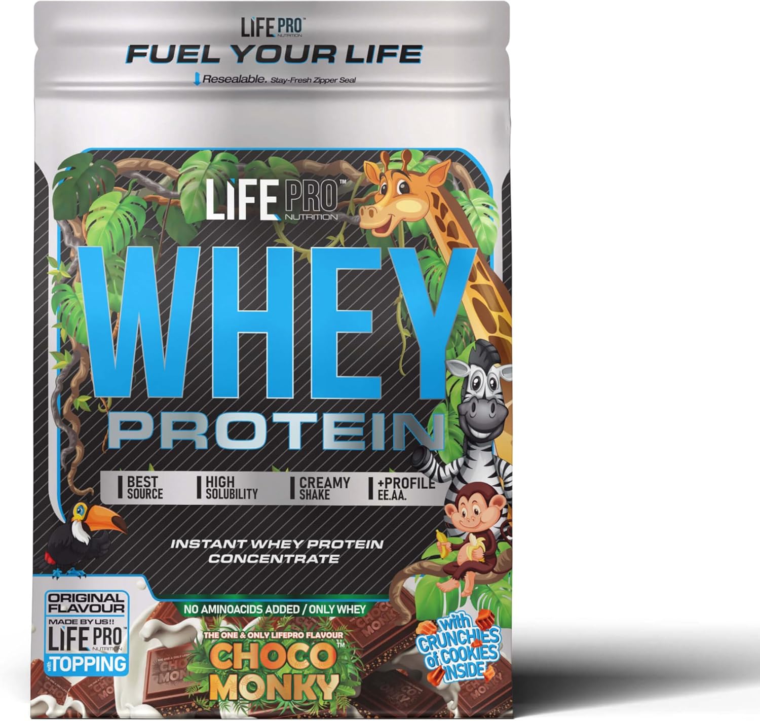 Life Pro Proteina Whey Choco Monky 2Kg Bag Edition, Proteina Whey En Polvo LACPRODAN SP-8011, Recuperación Y Crecimiento Muscular Con Glutamina Y BCAA, Sabor a Tabletas De Chocolate De Infancia