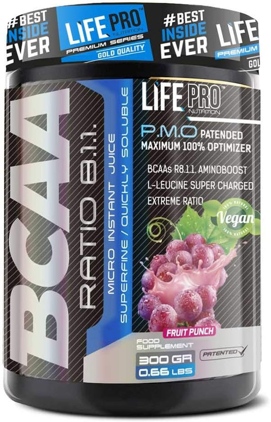 Life Pro BCAA Pro 8:1:1 300 Gramos | Suplemento Con Aminoácidos De Cadena Ramificada, Leucina, Valina E Isoleucina, Sabor Fruit Punch