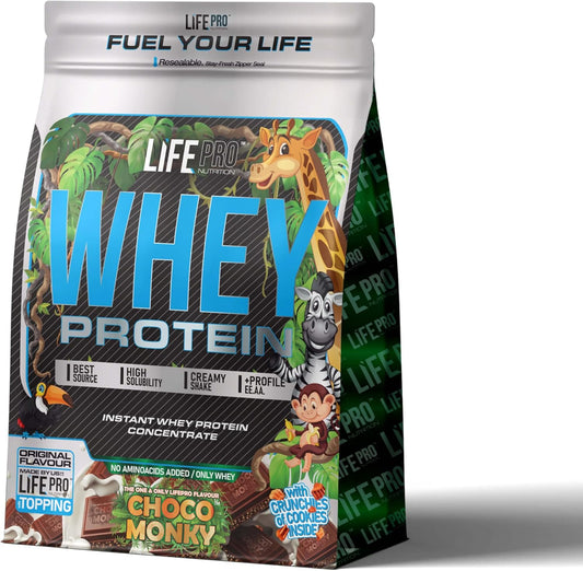 Life Pro Proteina Whey Choco Monky 1Kg Bag Edition, Proteina Whey En Polvo LACPRODAN SP-8011, Recuperación Y Crecimiento Muscular Con Glutamina Y BCAA, Sabor a Tabletas De Chocolate De Infancia